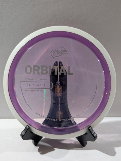Disc golf disc with 'Orbital' branding on a stand against a gray background