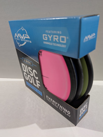 MVP Disc Sports disc golf packaging with three discs on a gray background