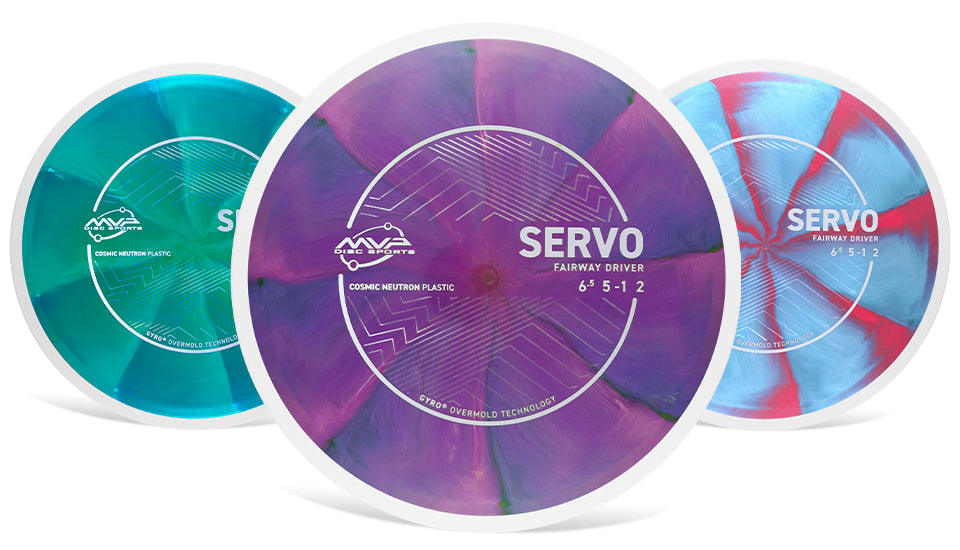 Three colorful golf discs with 'Servo' branding on a white background