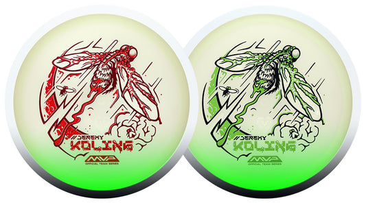 Two disc golf discs side by side, each featuring a circular gradient design that transitions from pale cream at the top to bright green at the bottom. The left disc has a red insect graphic and the text 'JEREMY KOLING' and 'MVP'.
