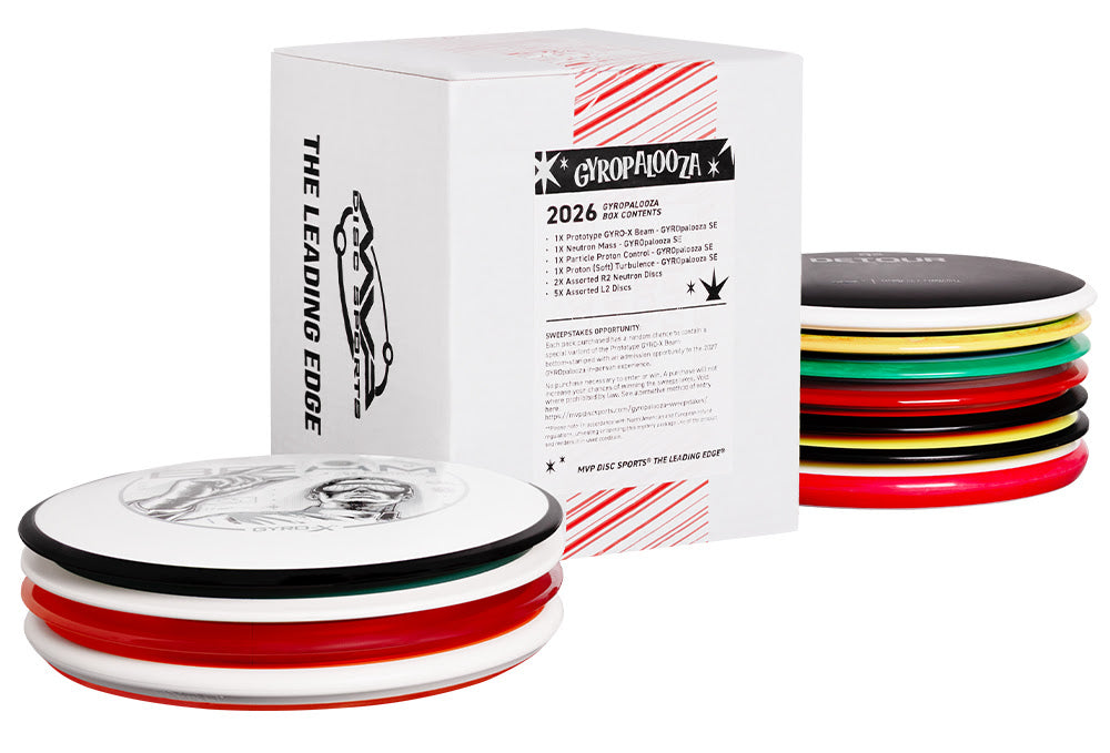 A set of Gyropoint 2026 disc golf discs in a stack, shown next to their white branded packaging box on a clean white background.